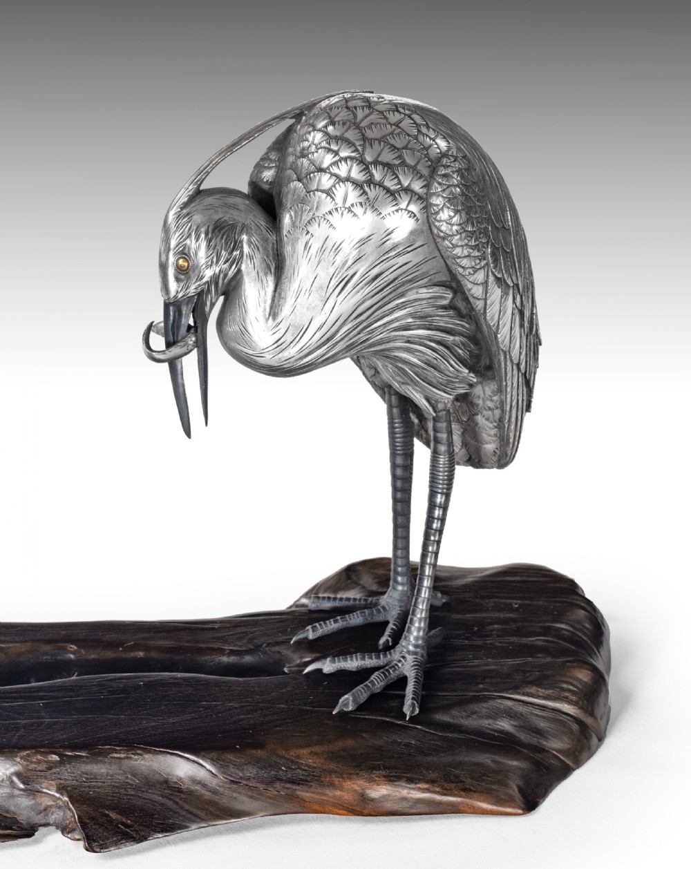 Japanese Silvered Bronze Egrets Okimono by Sano Takachika View VII