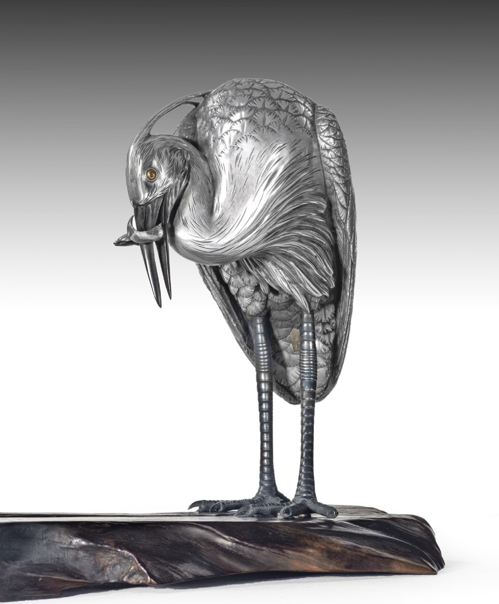 Japanese Silvered Bronze Egrets Okimono by Sano Takachika View VIII
