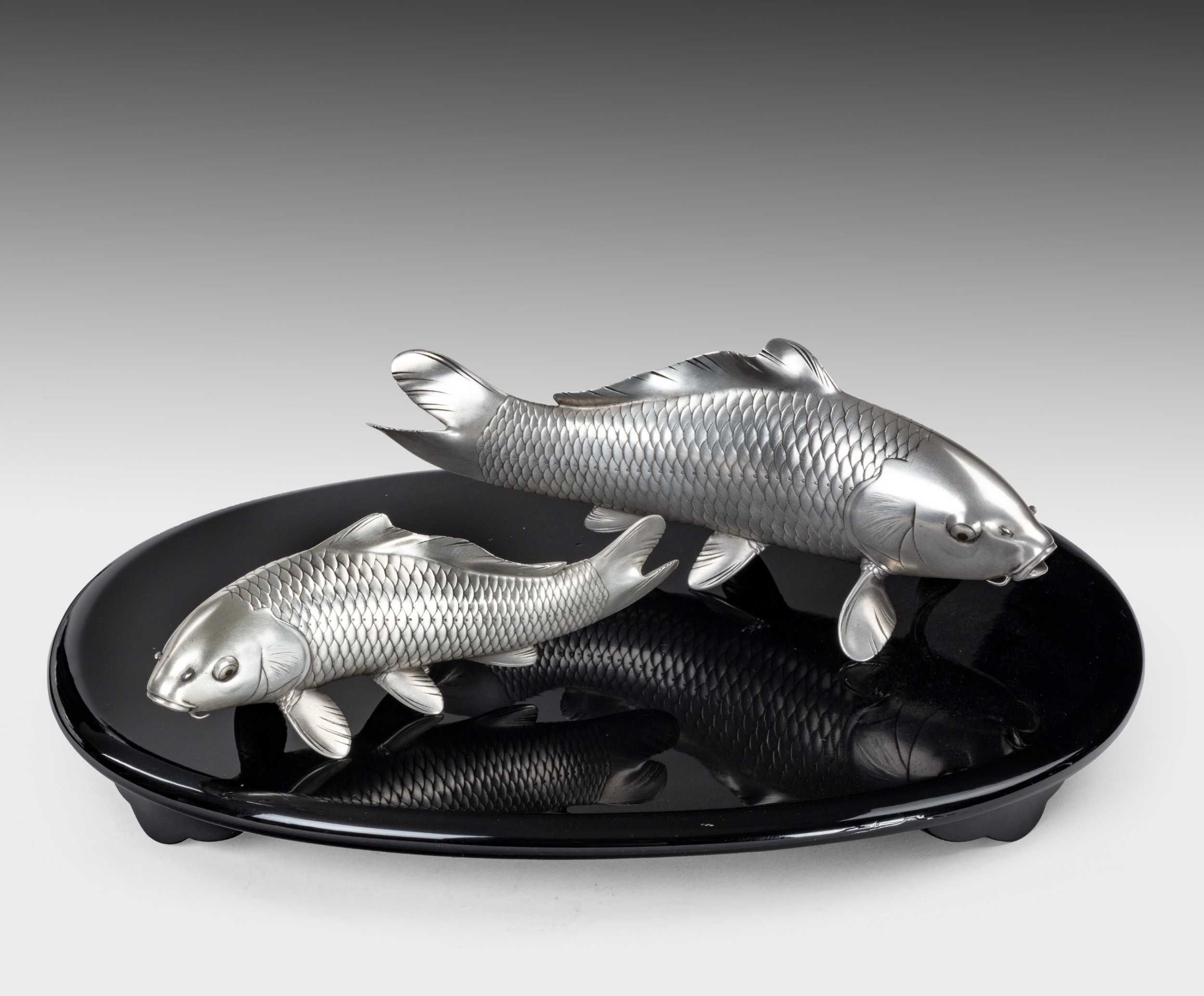Japanese Pure Silver Carp Okimono - Signed Tansho View II