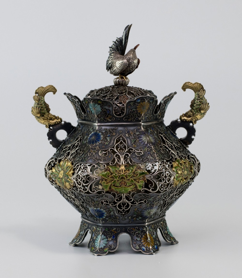 Japanese Silver & Enamel Koro - Hiratsuka Mohei View V