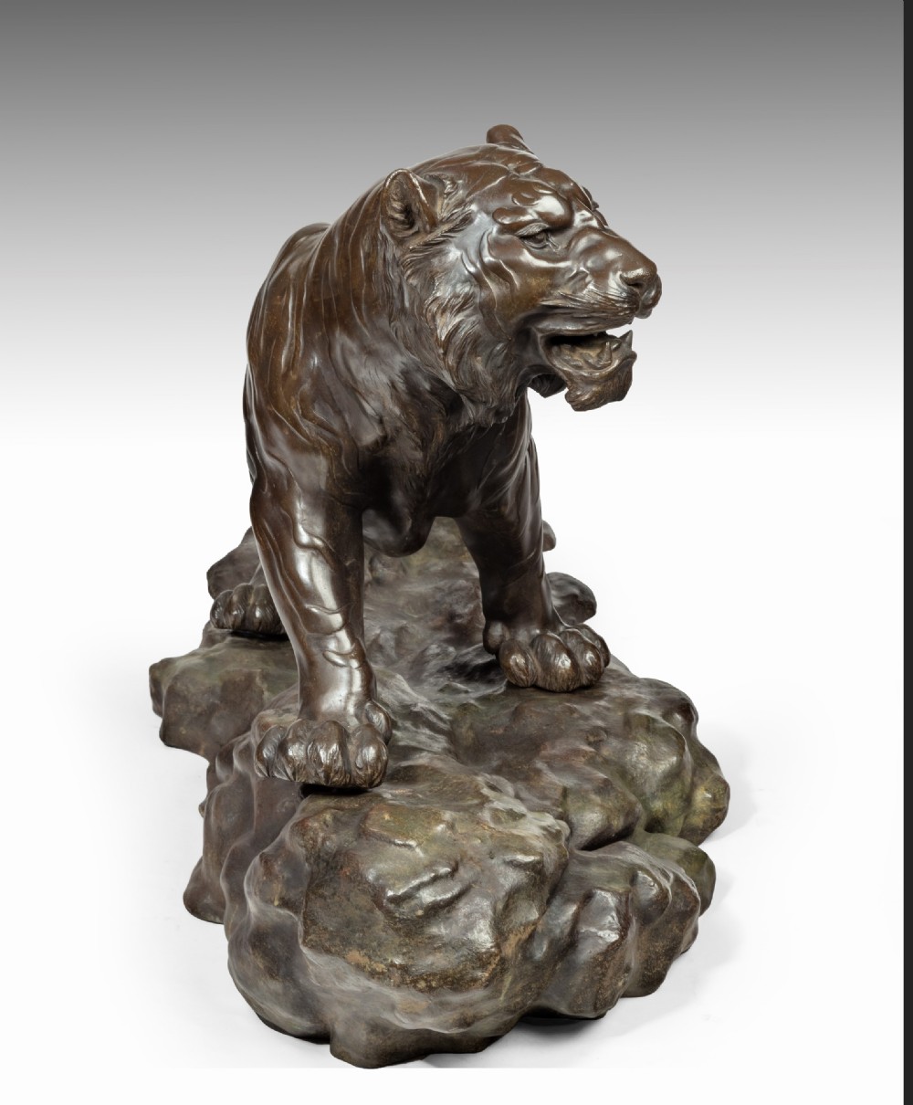 Huge Japanese Bronze Tiger Okimono on Stand View X