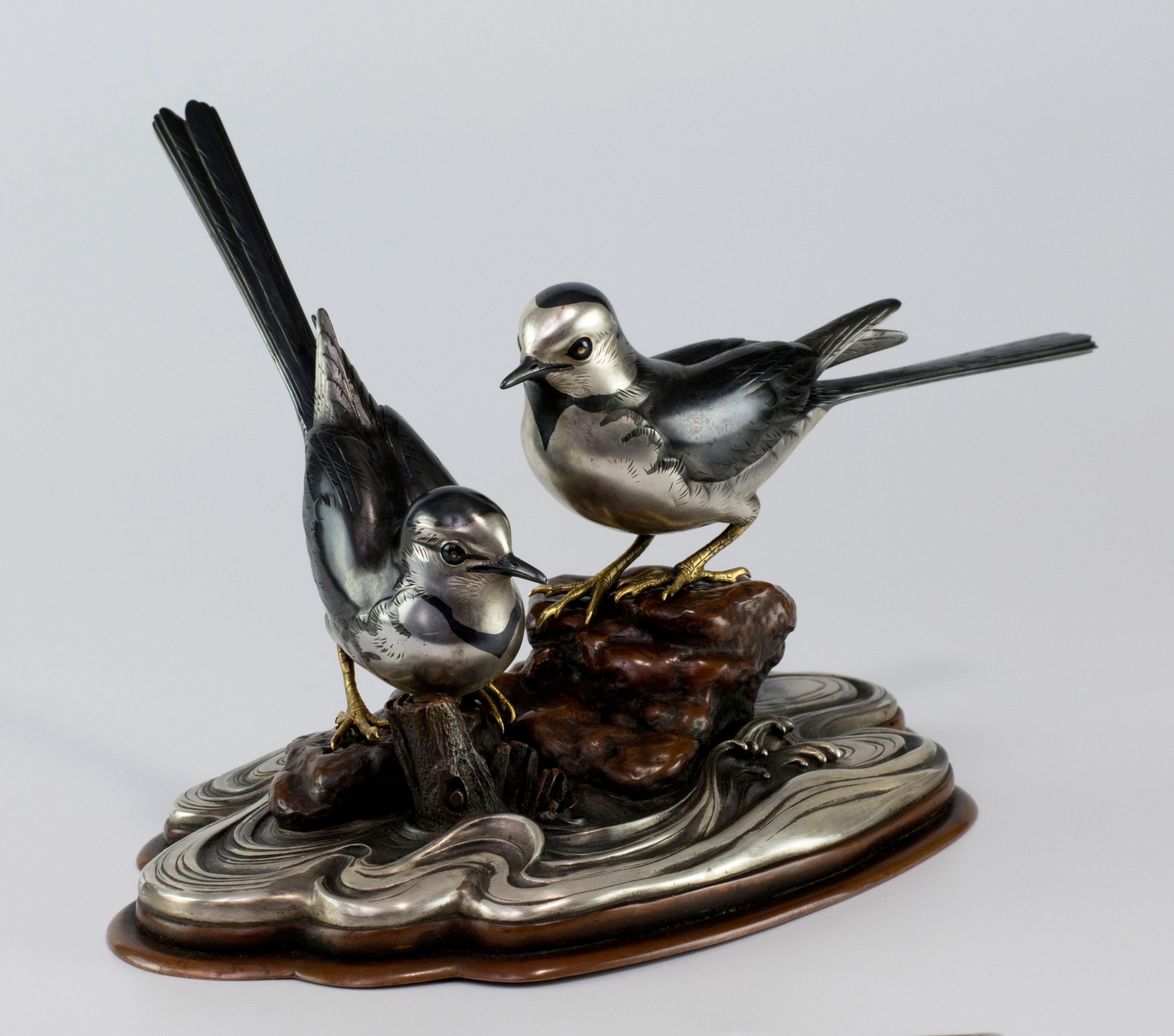 Japanese Silver and Shakudo Bird Okimono View II