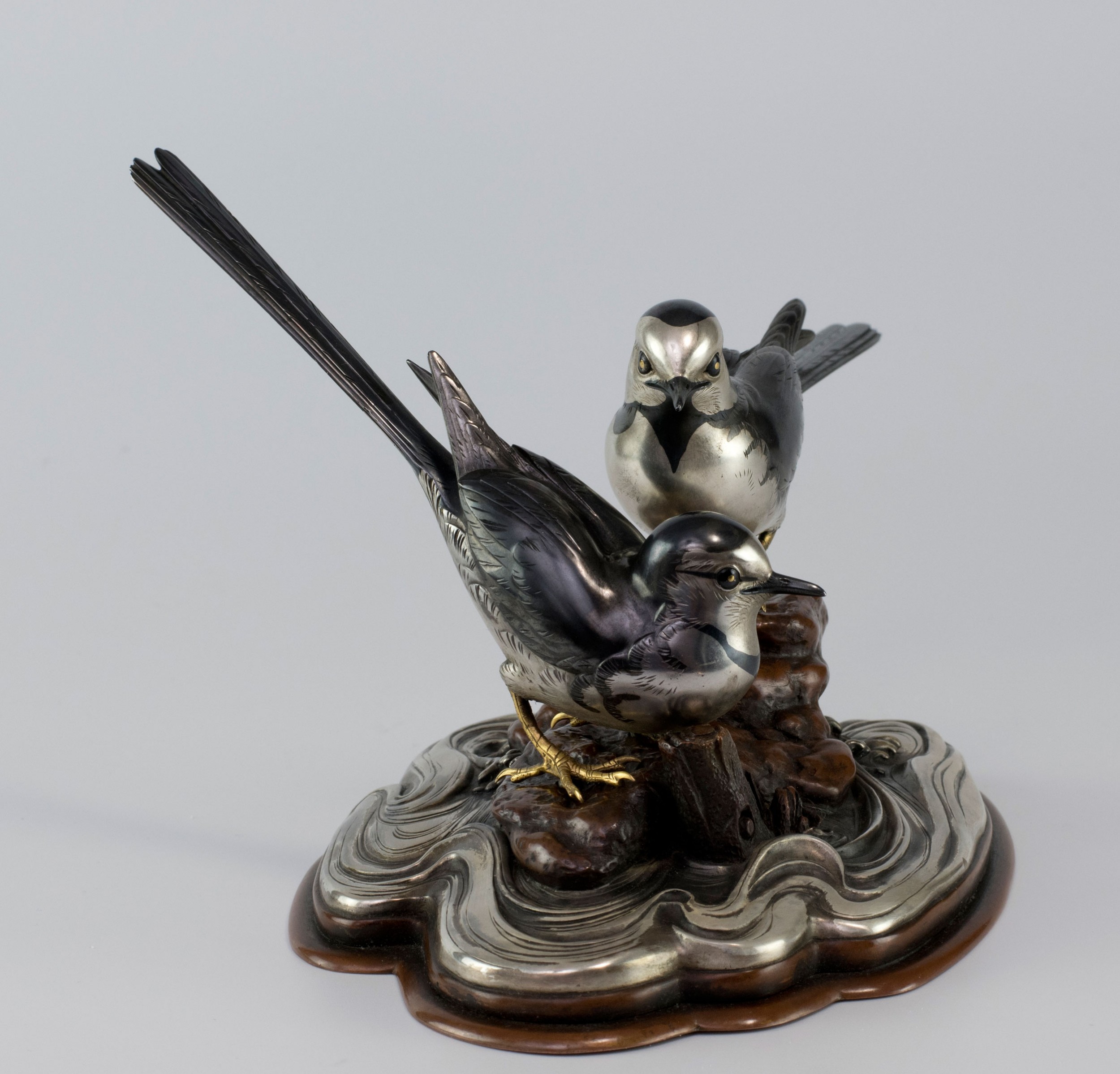 Japanese Silver and Shakudo Bird Okimono View III