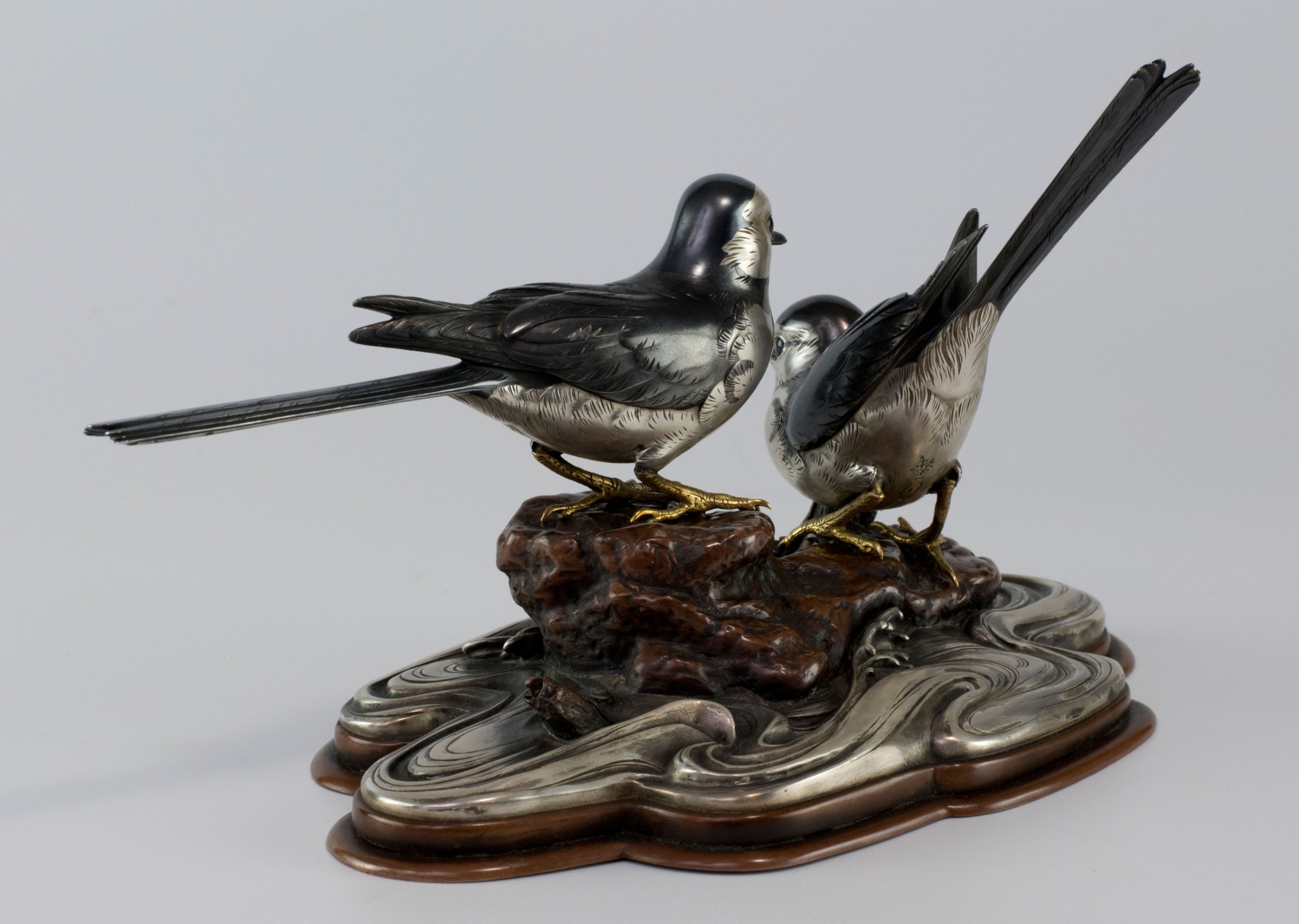 Japanese Silver and Shakudo Bird Okimono View VI