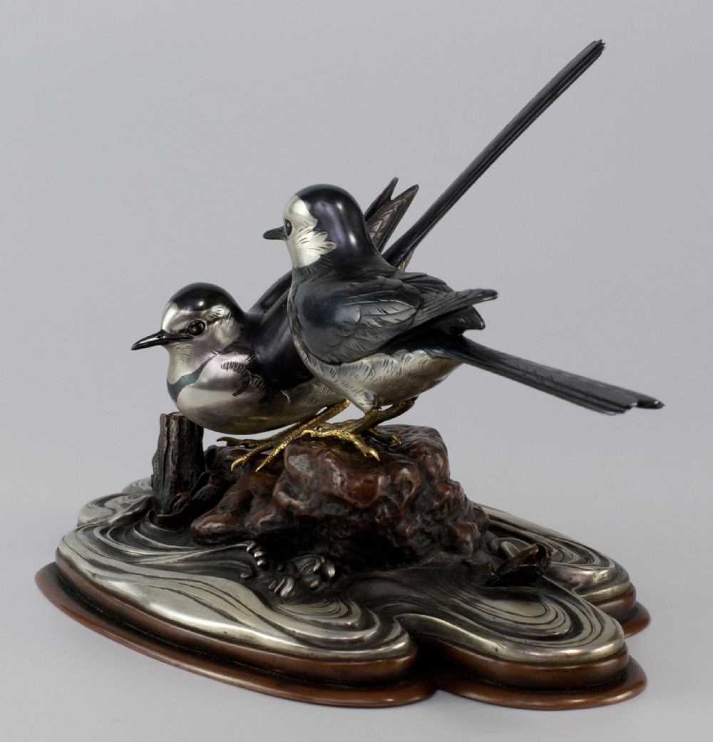 Japanese Silver and Shakudo Bird Okimono View VII