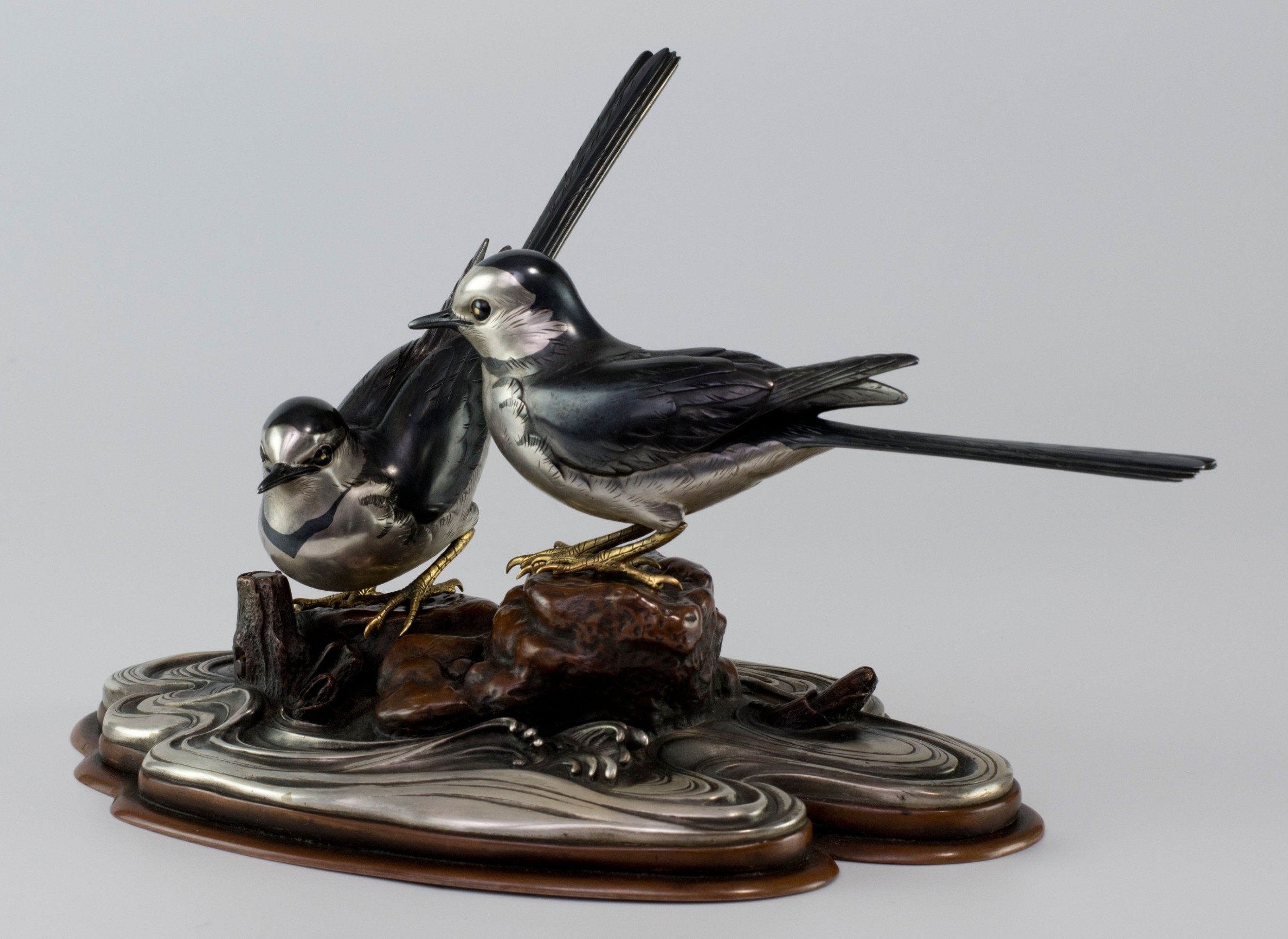 Japanese Silver and Shakudo Bird Okimono View VIII