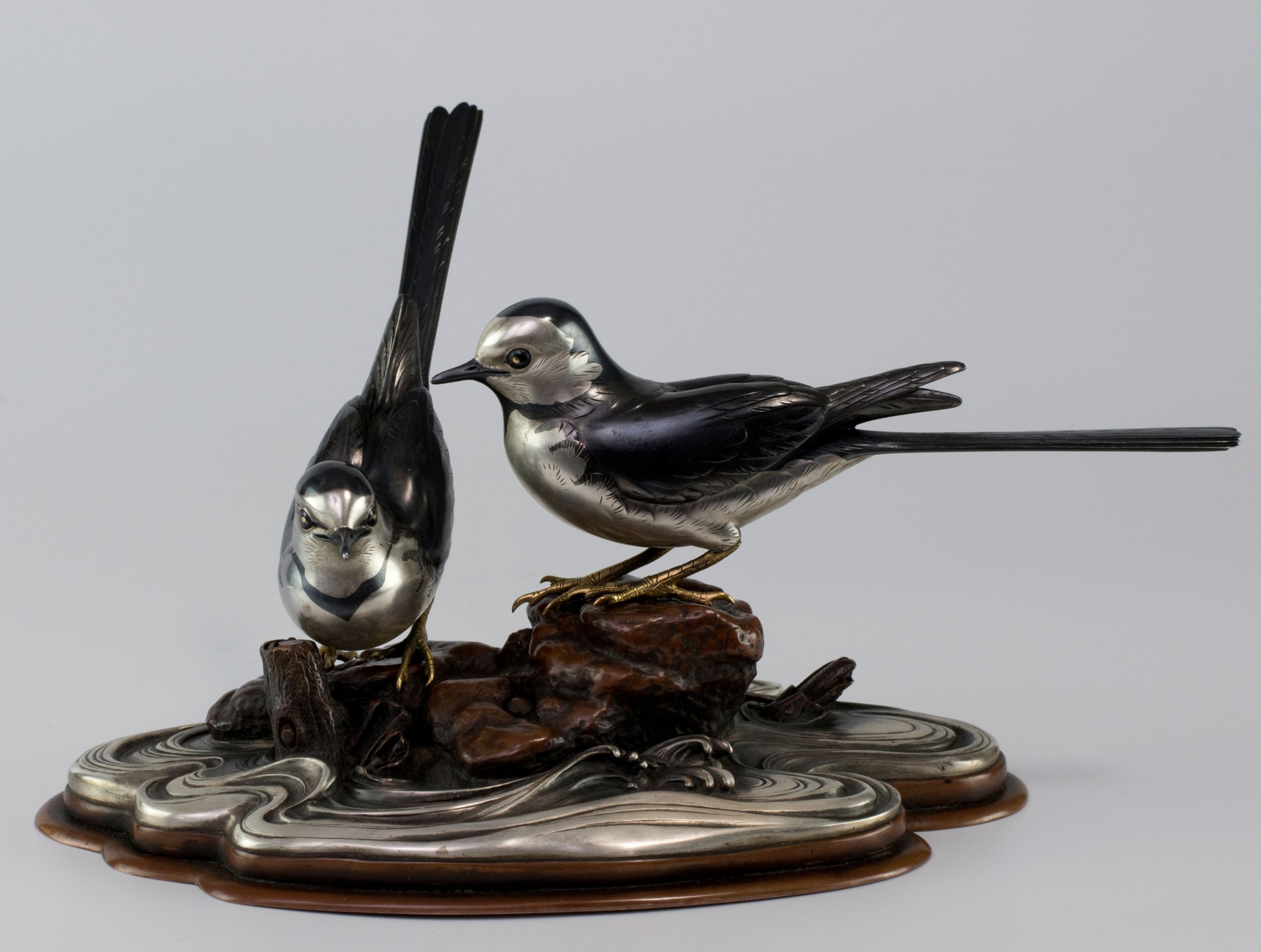 Japanese Silver and Shakudo Bird Okimono View IX