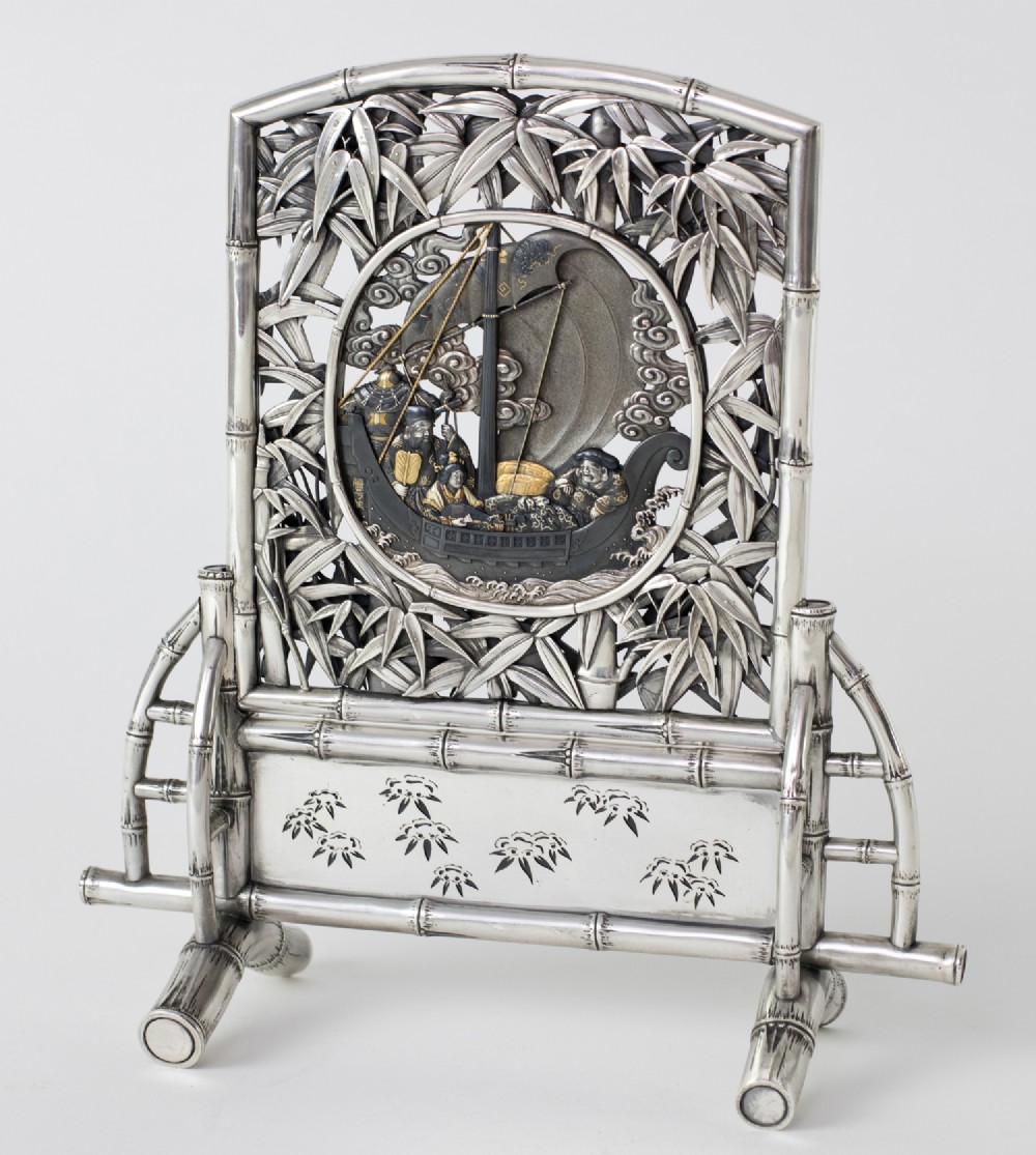 Japanese Silver & Mixed Metal Table Screen - Hagiya Katsuhira 1804-1886 View IV