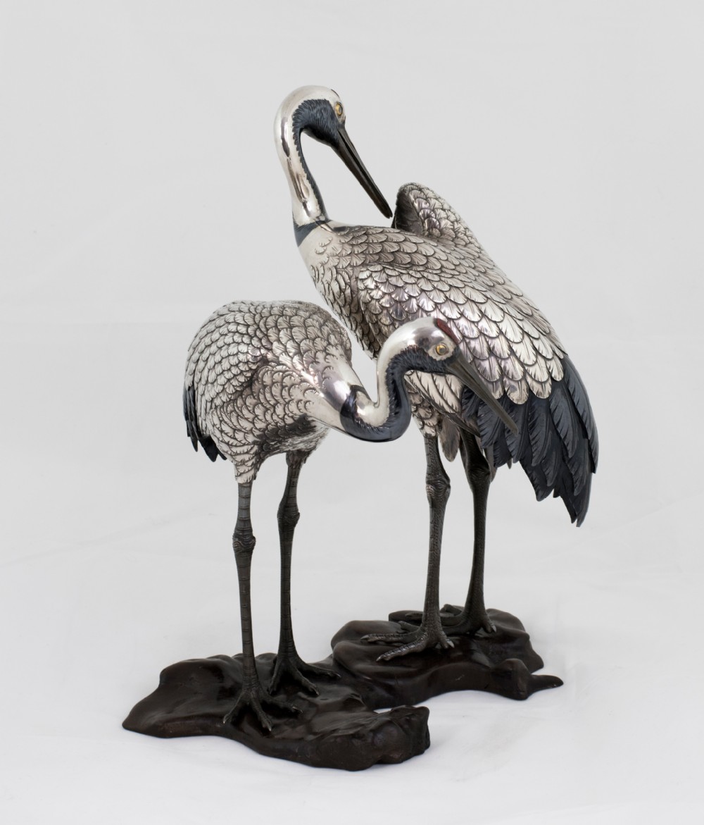 Japanese Silver & Mixed Metal Crane Okimono View II