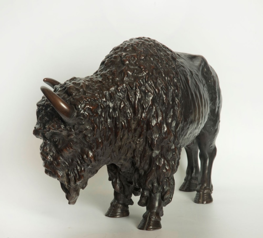 Large Japanese Bronze Bison Okimono by Maruki View II