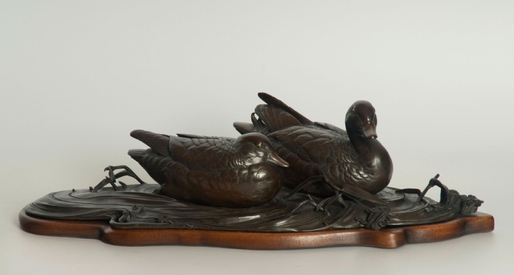 Charming Japanese Bronze Ducks Okimono