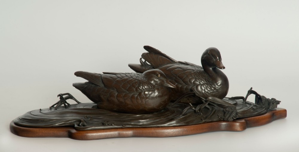 Charming Japanese Bronze Ducks Okimono View II