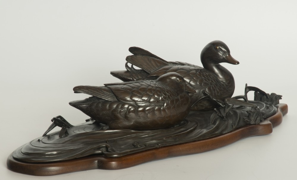 Charming Japanese Bronze Ducks Okimono View III