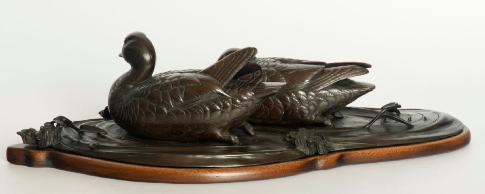 Charming Japanese Bronze Ducks Okimono View V