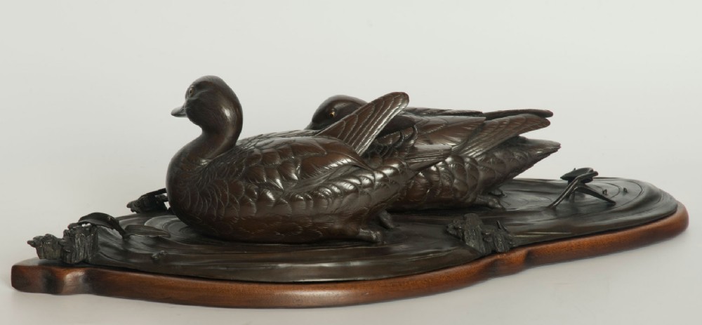 Charming Japanese Bronze Ducks Okimono View VII