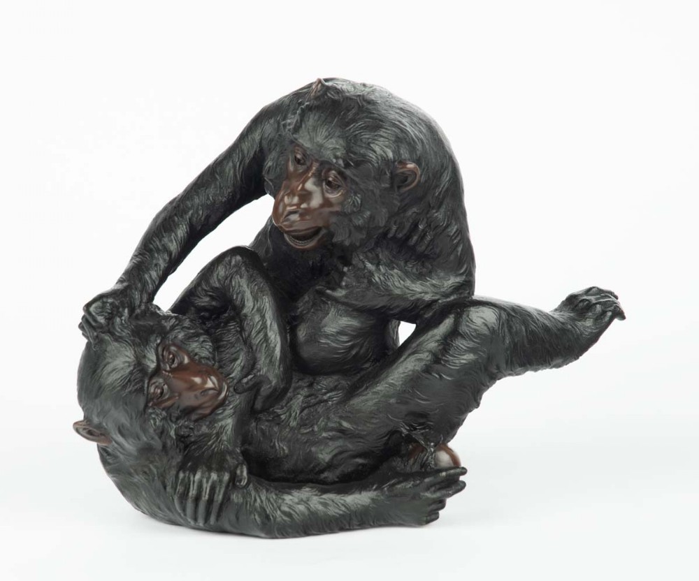 captivating japanese bronze monkey okimono genryusai seiya - CATEGORY: ANTIQUE SCULPTURES - DATED 1900