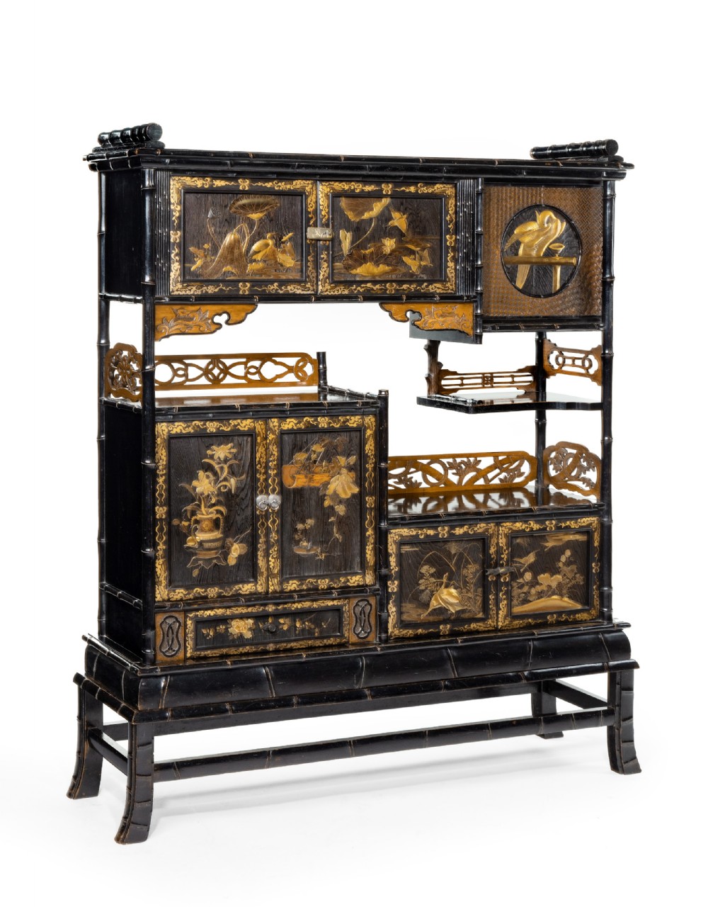 Delightful Japanese Bamboo Form Gold Lacquer Display Cabinet View II