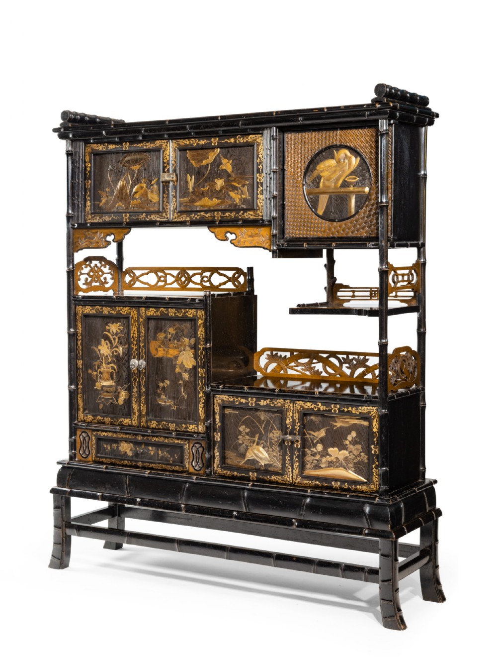 Delightful Japanese Bamboo Form Gold Lacquer Display Cabinet View III