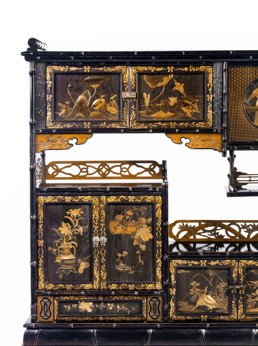 Delightful Japanese Bamboo Form Gold Lacquer Display Cabinet View IV