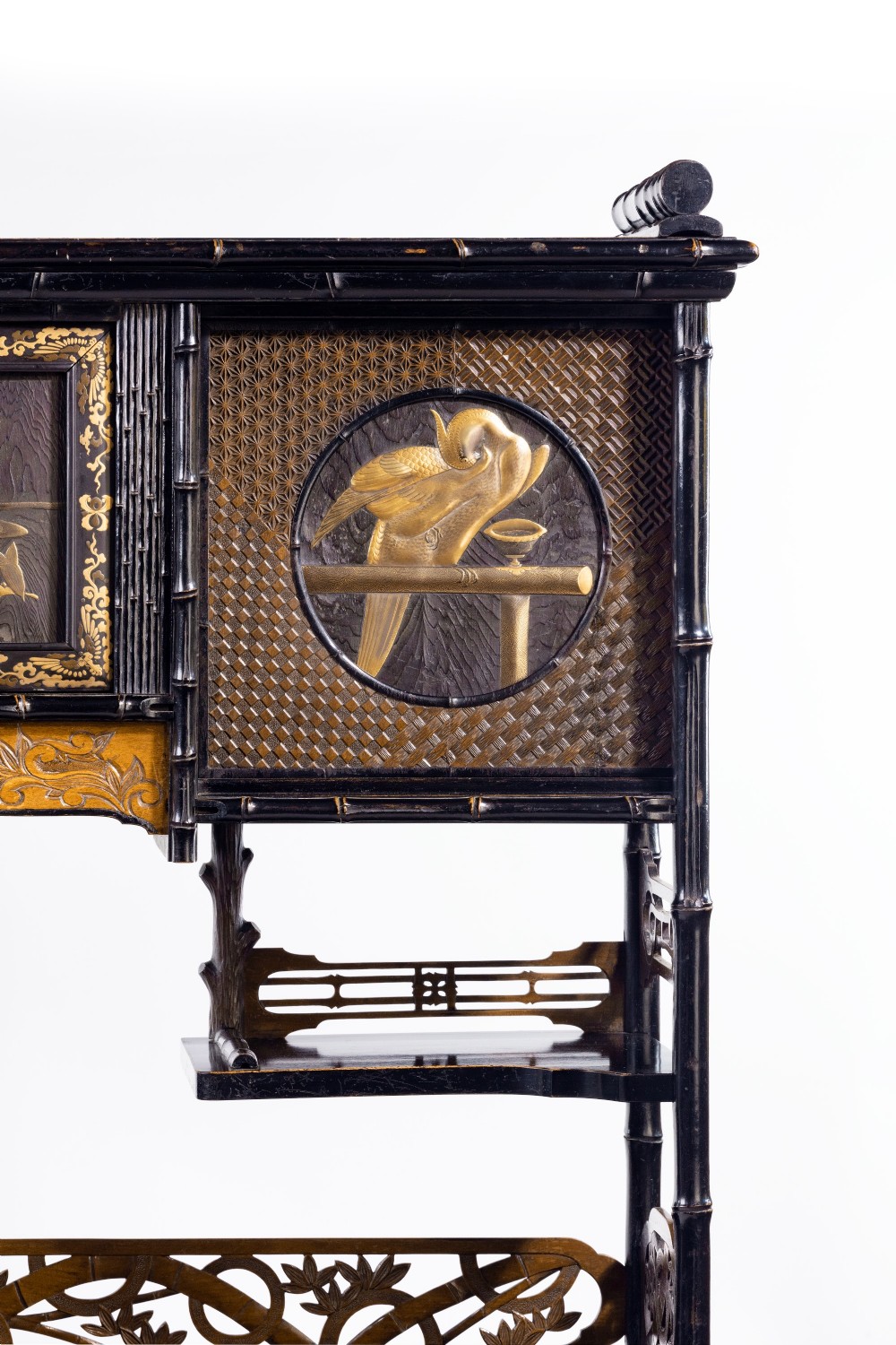Delightful Japanese Bamboo Form Gold Lacquer Display Cabinet View V