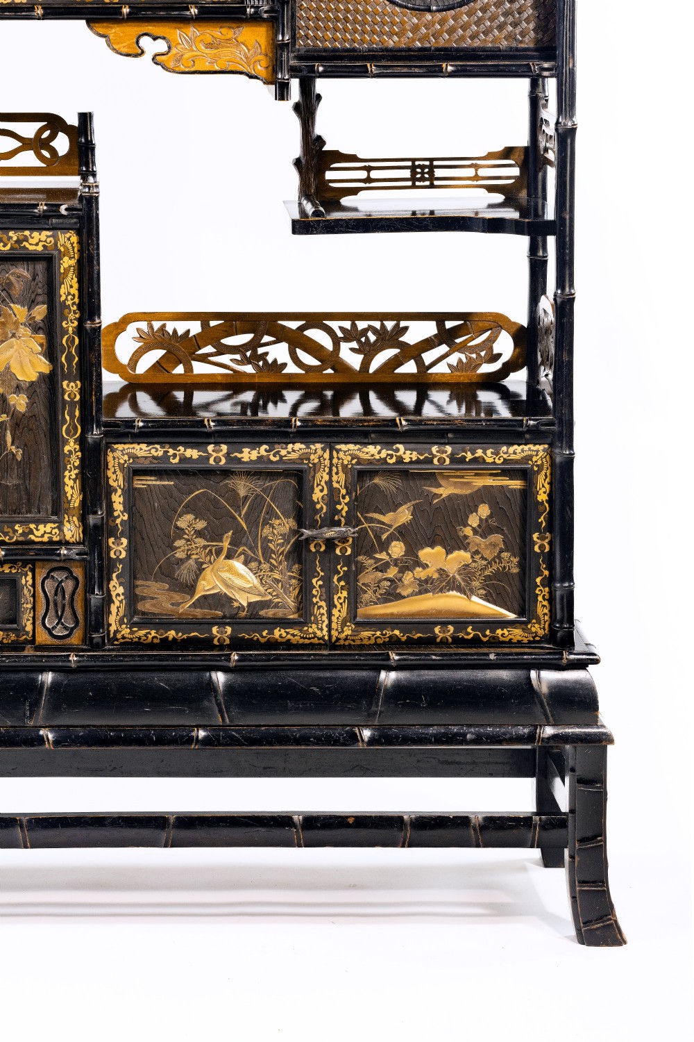 Delightful Japanese Bamboo Form Gold Lacquer Display Cabinet View VI