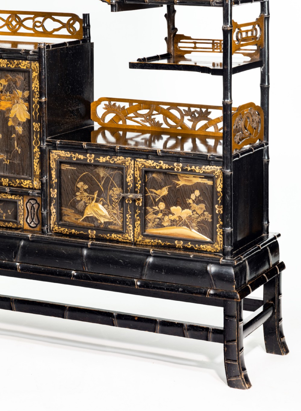 Delightful Japanese Bamboo Form Gold Lacquer Display Cabinet View X