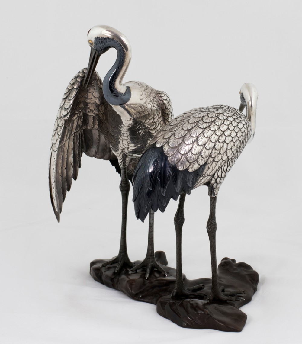 Japanese Pure Silver and Mixed Metal Cranes Okimono. View IV