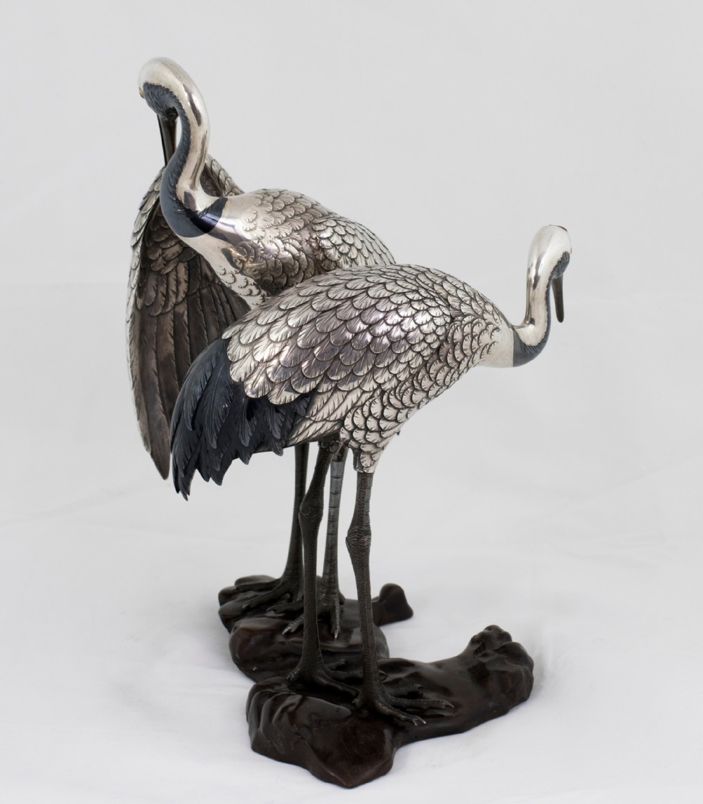 Japanese Pure Silver and Mixed Metal Cranes Okimono. View V