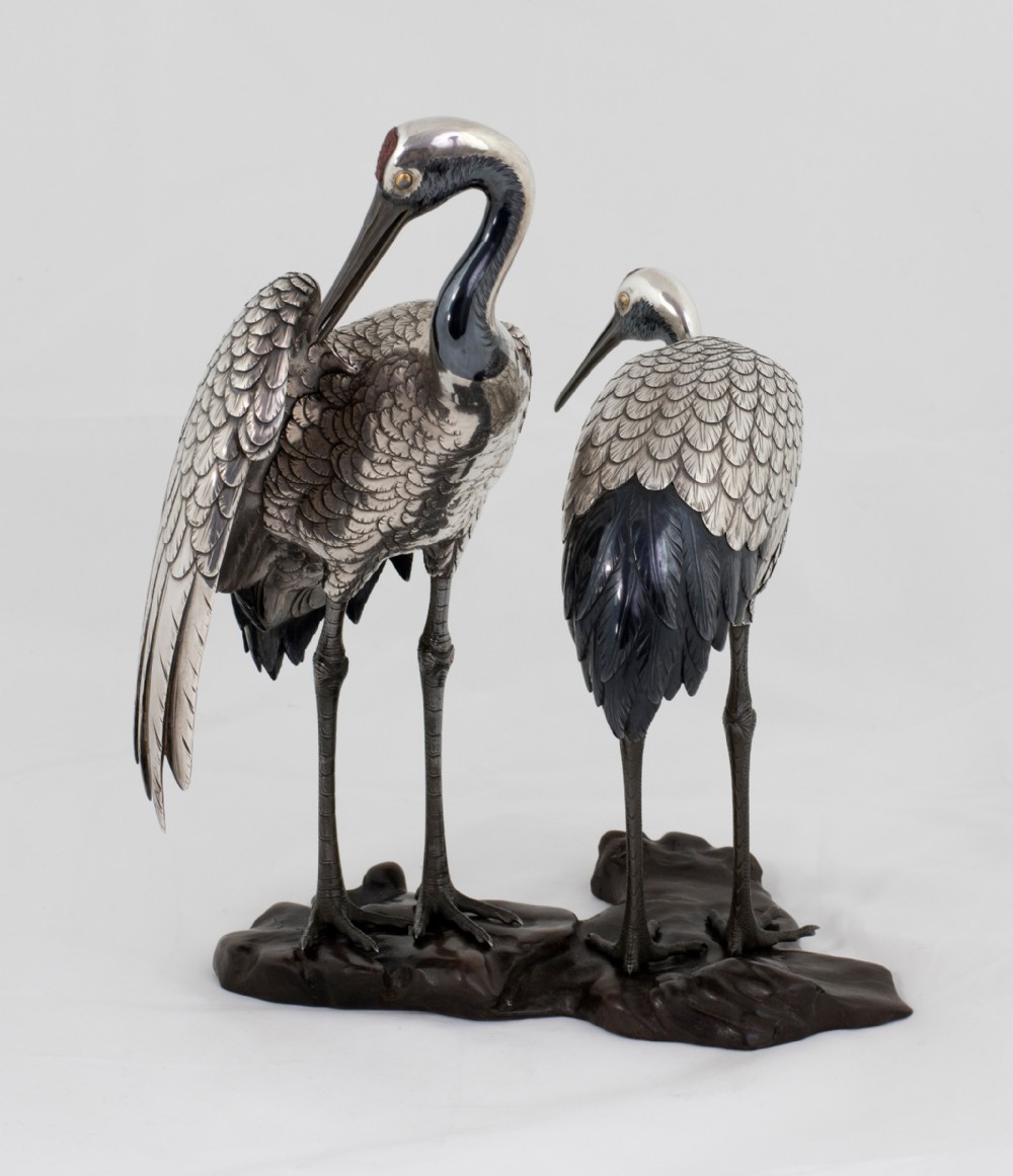 Japanese Pure Silver and Mixed Metal Cranes Okimono. View VII