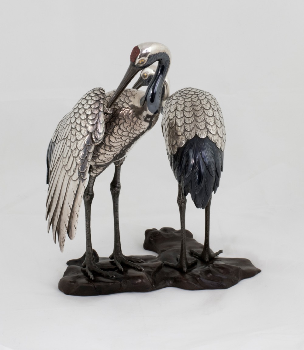 Japanese Pure Silver and Mixed Metal Cranes Okimono. View IX