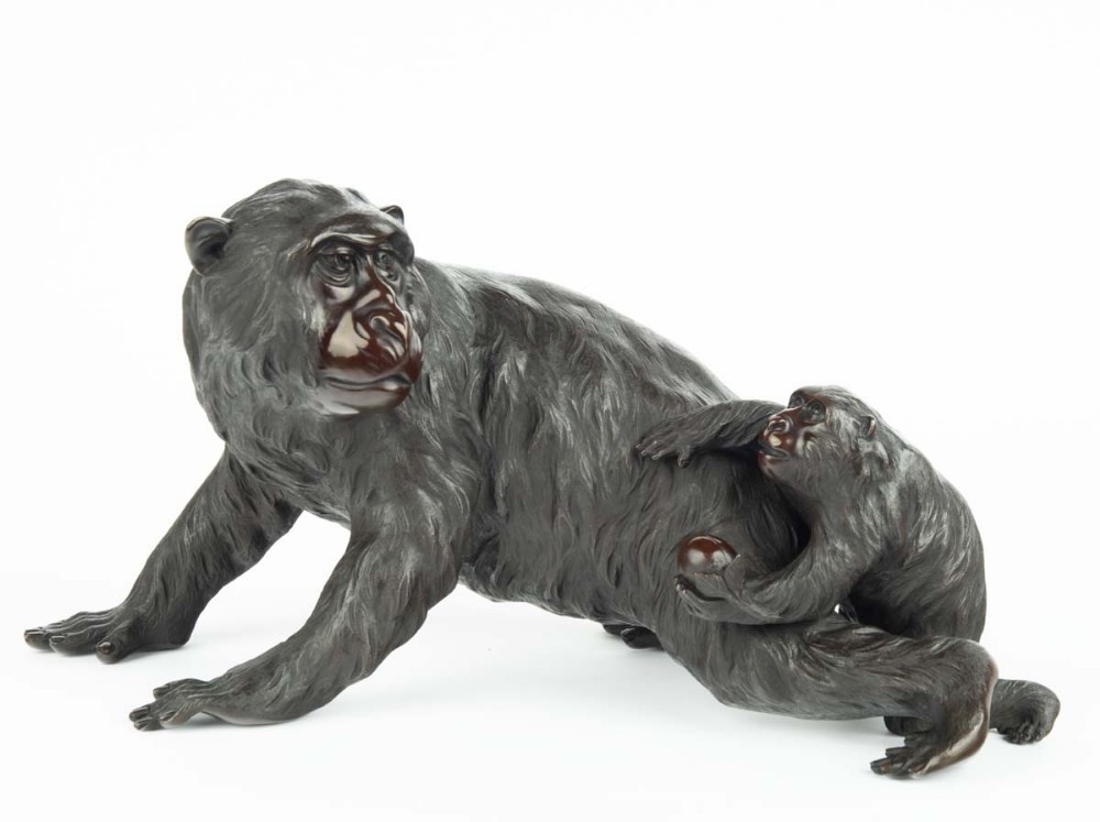 large japanese bronze monkey okimono genryusai seiya - CATEGORY: ANTIQUE SCULPTURES - DATED 1890