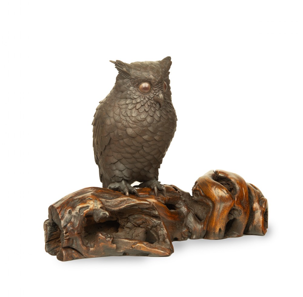 Enchanting Japanese Bronze Owl Okimono View II