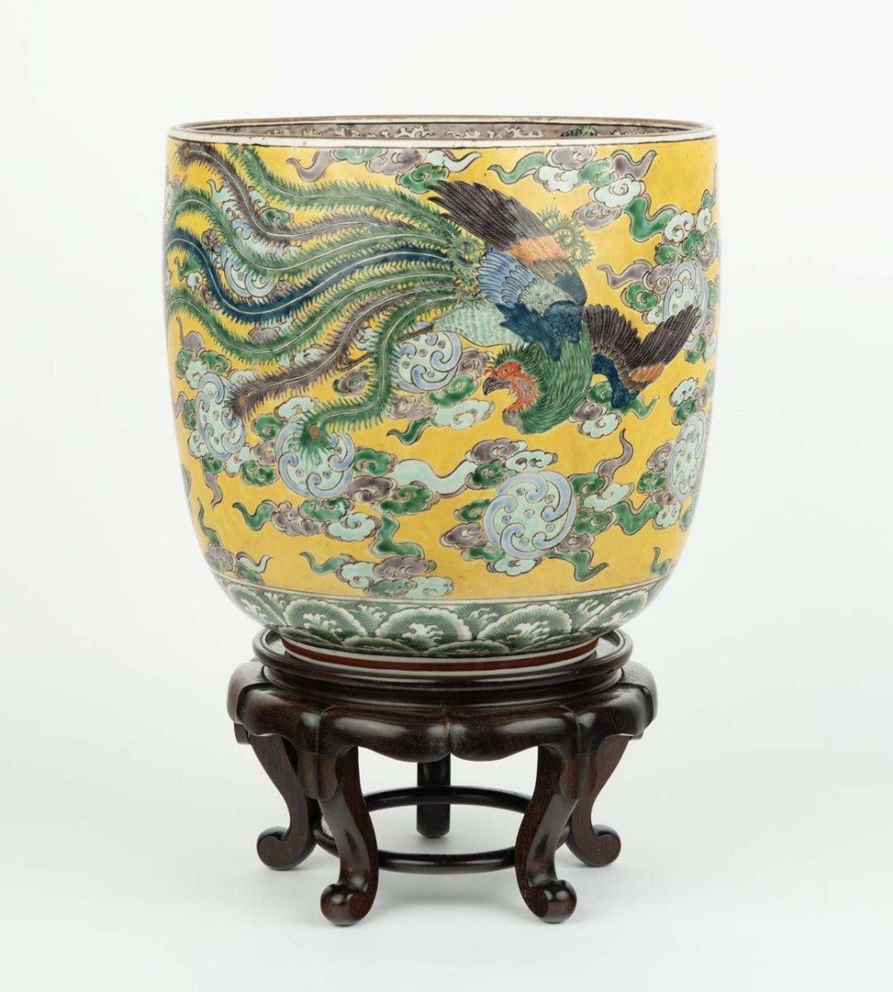 Large Japanese Kutani Jardiniere on Hardwood Stand View II