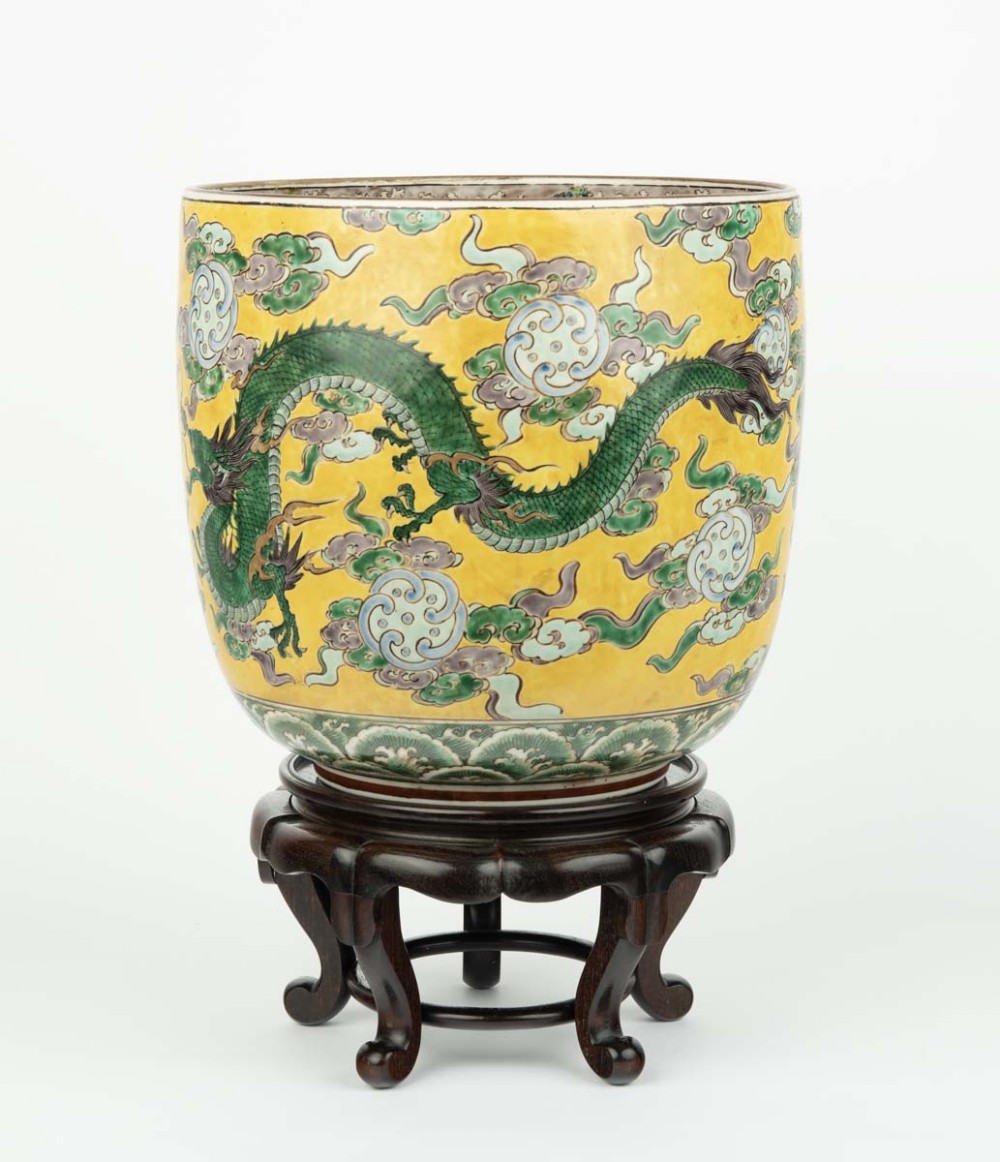 Large Japanese Kutani Jardiniere on Hardwood Stand View V
