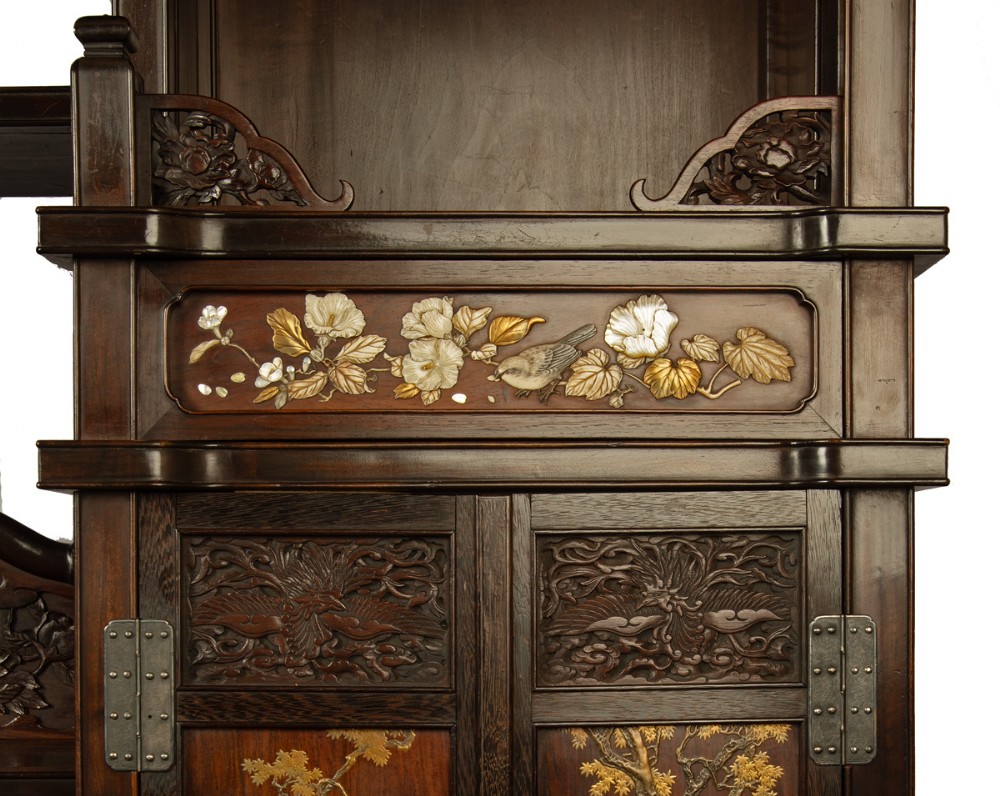Japanese Shibayama Decorated Hardwood Shodana Cabinet View IX