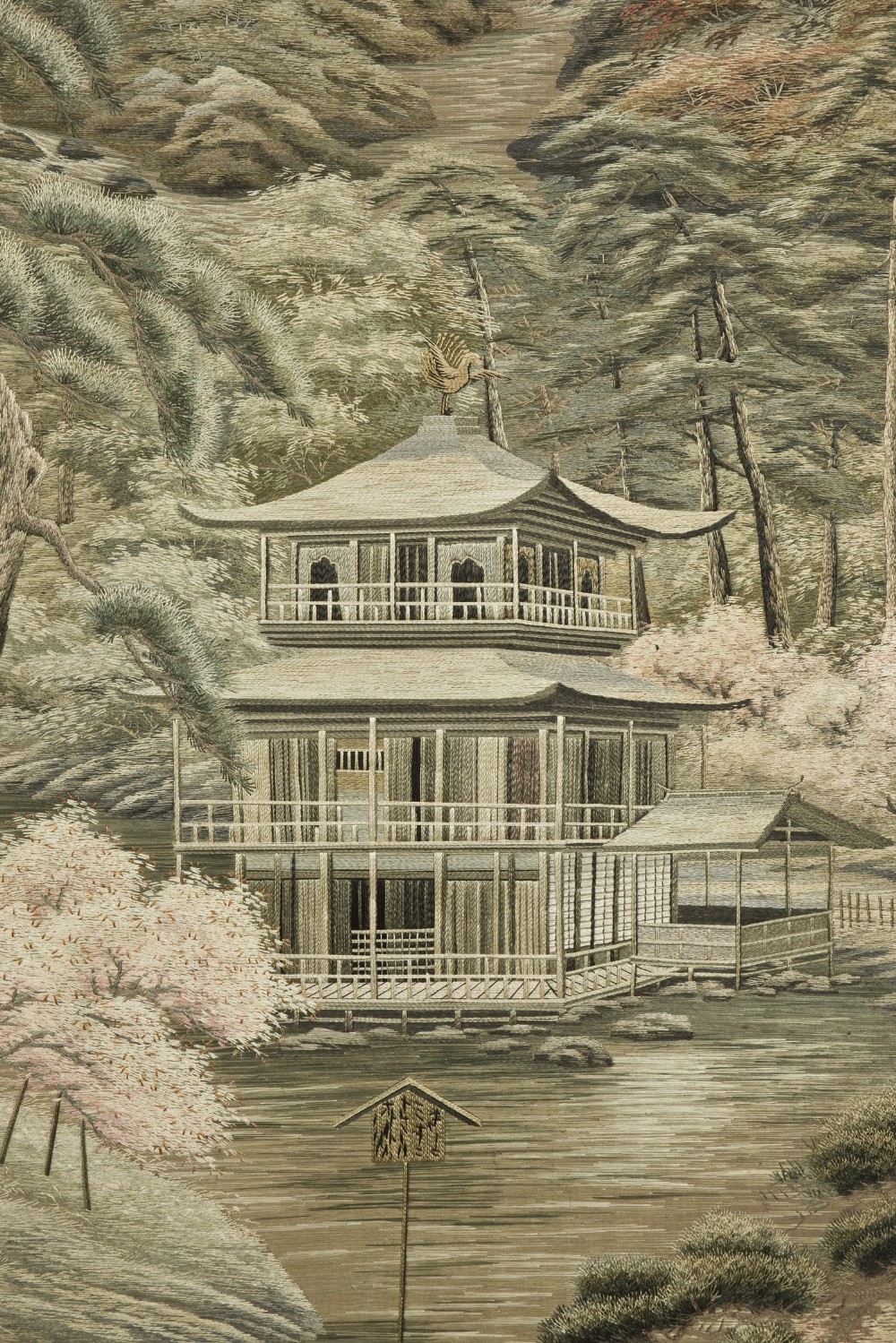 A four-panel Japanese folding screen featuring hand-embroidered landscape imagery with Mount Fuji set inside a black lacquered frame. View VII