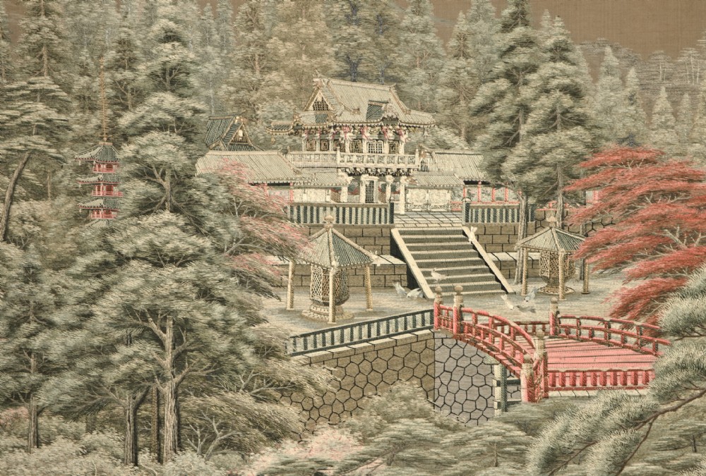 A four-panel Japanese folding screen featuring hand-embroidered landscape imagery with Mount Fuji set inside a black lacquered frame. View VIII