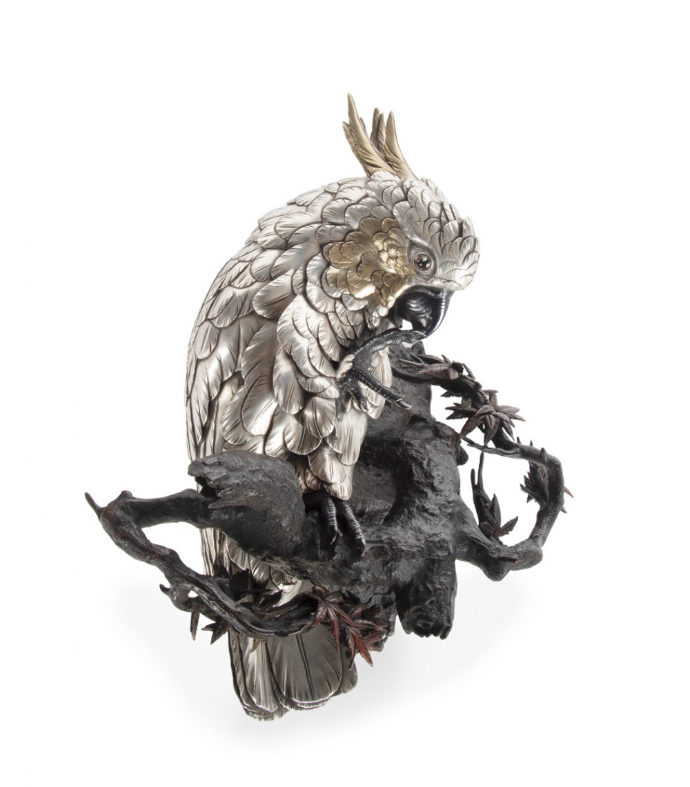 Charming Japanese Silvered Bronze Cockatoo - Yoshitani / Bikoku View VII