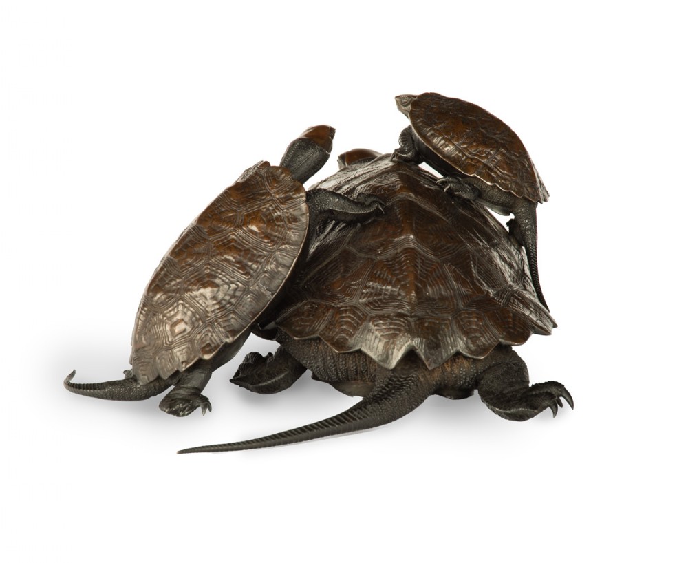 A Japanese bronze sculpture depicting a large turtle with two smaller turtles crawling on its shell. View V