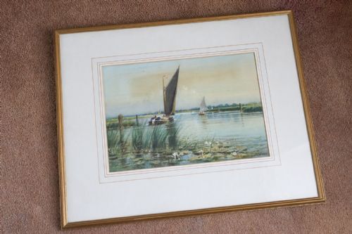 water colour painting of the norfolk broads by artist charles wigg 1889 1969 - CATEGORY: ANTIQUE ART - DATED 1960
