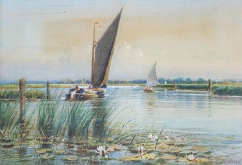 WATER COLOUR PAINTING OF THE NORFOLK BROADS BY ARTIST CHARLES WIGG 1889 1969 - ADDITIONAL PHOTO 1