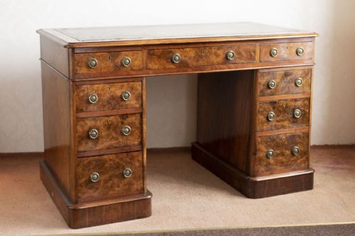 fantastic victorian burr walnut pedestal kneehole desk - CATEGORY: ANTIQUE DESKS - DATED 19TH CENTURY