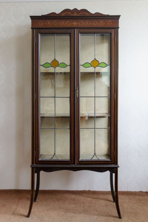 late 19th century mahogany inlaid china cabinet - CATEGORY: ANTIQUE CABINETS - DATED 19TH CENTURY
