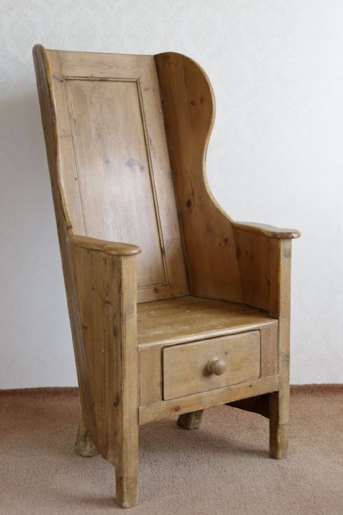a very desirable antique pine panelled lambing chair - CATEGORY: ANTIQUE CHAIRS - DATED 19TH CENTURY