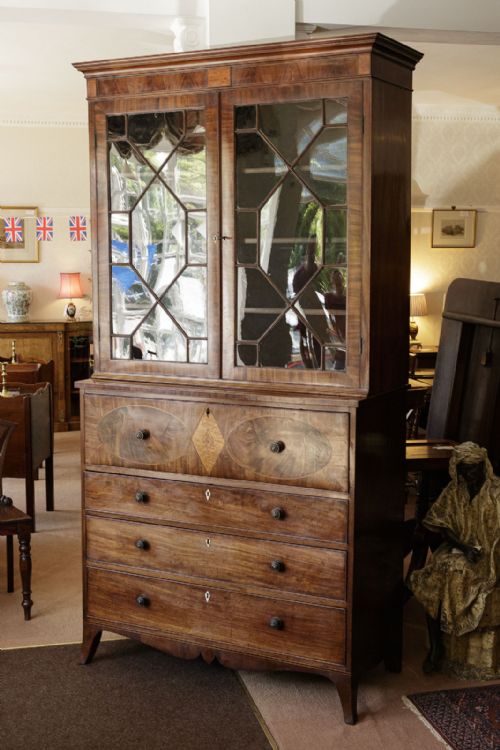 fine quality inlaid secretaire bookcase - CATEGORY: ANTIQUE BOOKCASES - DATED 18TH CENTURY