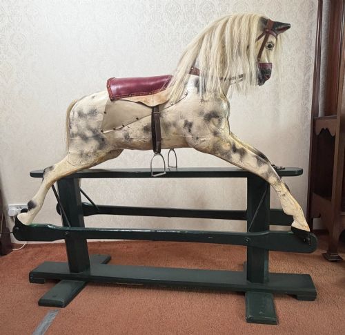 19th Century Carved Wooden Rocking Horse on Its Original Rocker