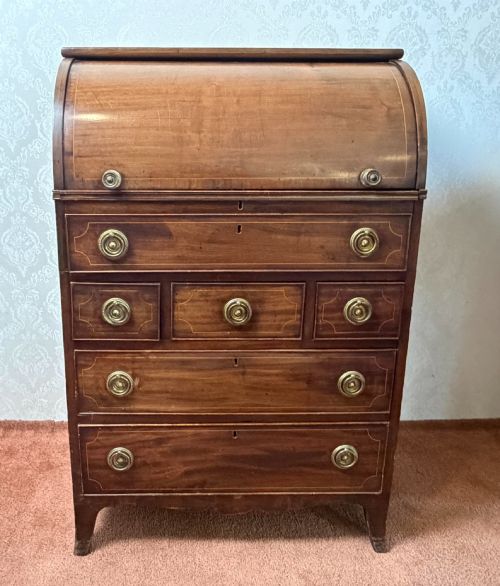Rare Georgian Mahogany Inlaid Tambour Writing Desk.