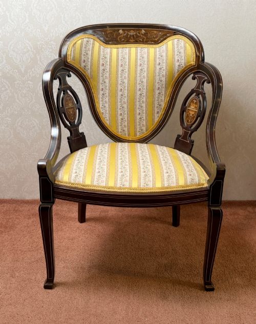 Late 19th Century Mahogany Easy Chair with Bone and Boxwood Inlay.