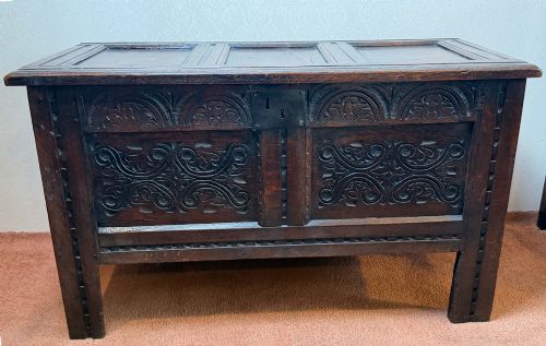 Truely exceptional 17th century oak coffer.