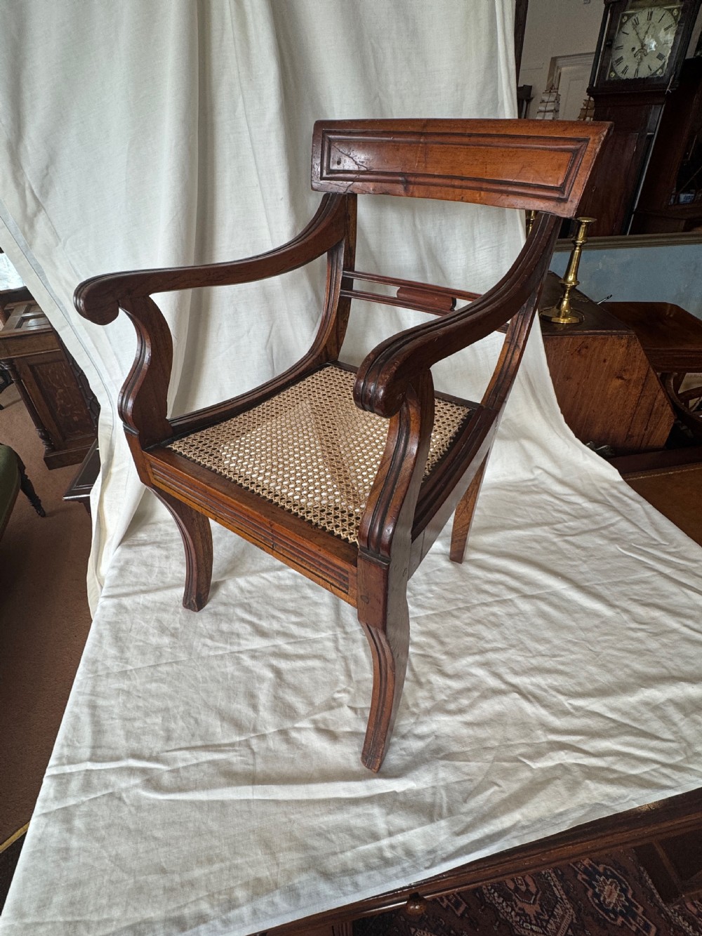A Regency period mahogany childs armchair featuring a woven cane seat, sweeping armrests, panelled top rail, and curved sabre legs. View III